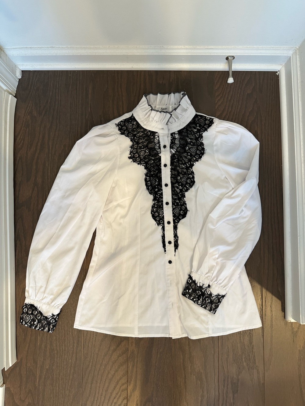 Choies White Button-Down Blouse with Black Lace Trim